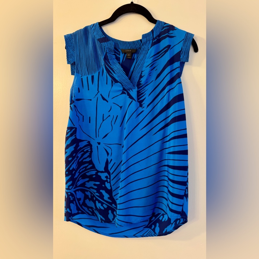 J. Crew Vibrant Blue Graphic Cap-Sleeve V-Neck Blouse
